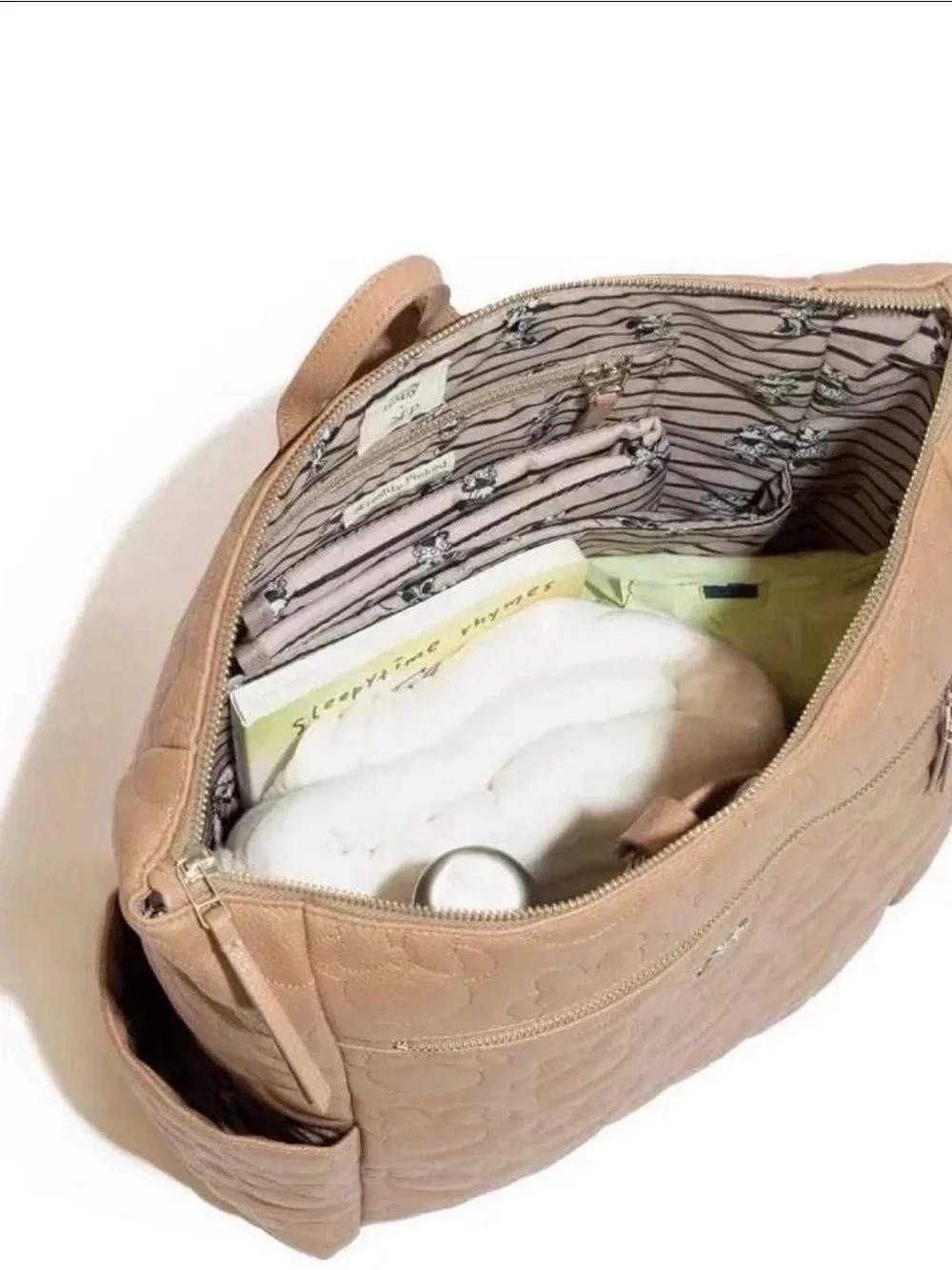 New Fresh Picked Large Tan Minimal Disney Baby Quilted embroidered Diaper bag.